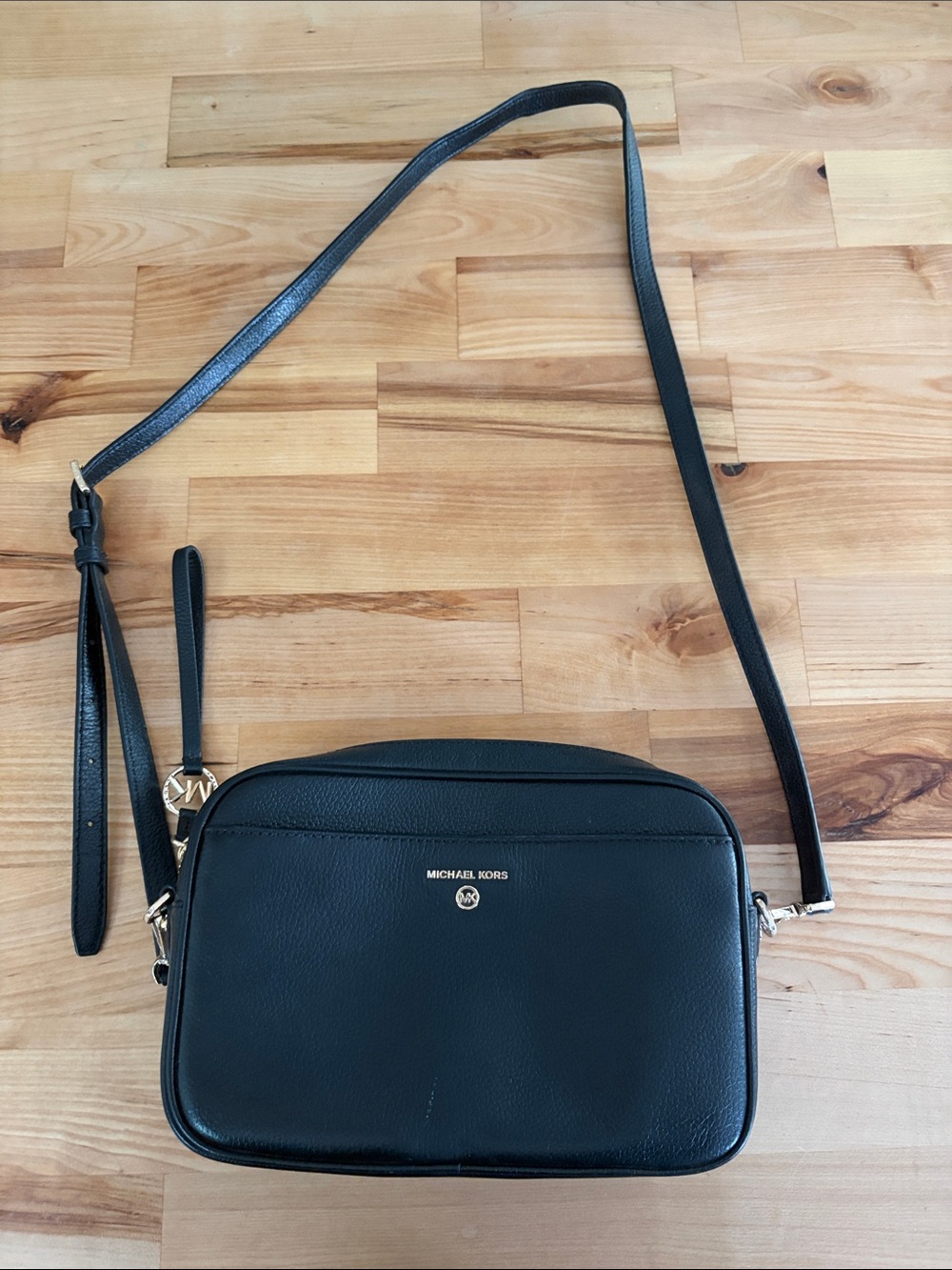 Michael Kors Black Pebbled Leather Crossbody with Gold Accents